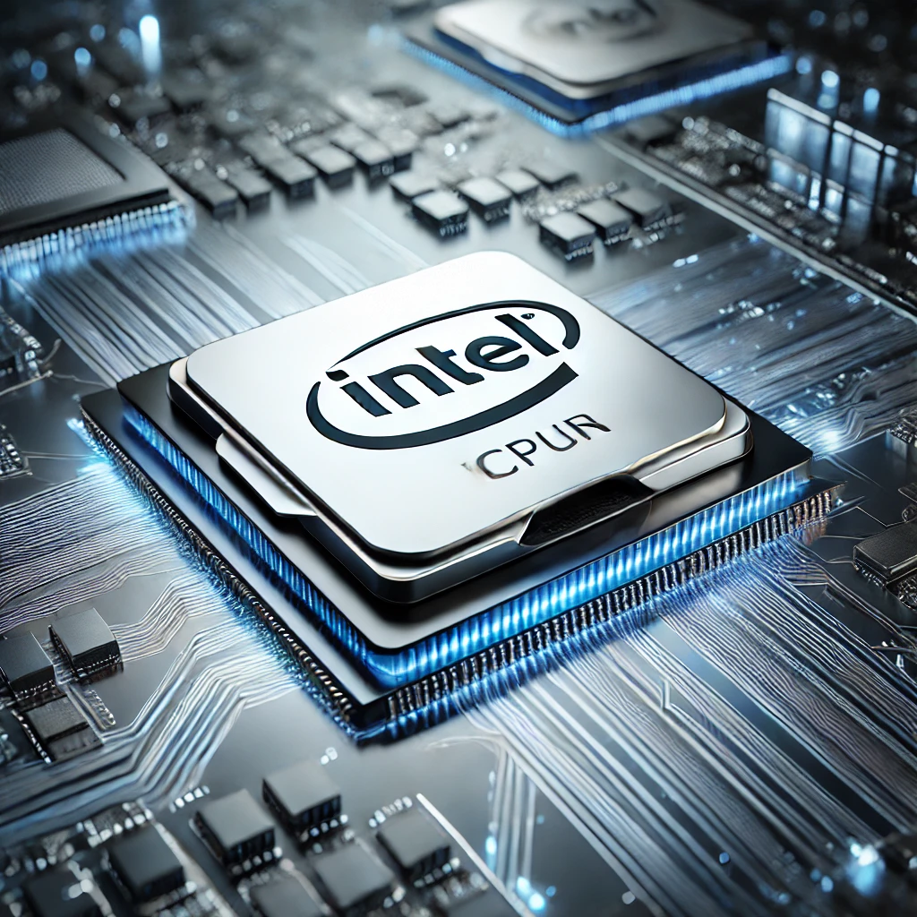 بررسی مشکلات پردازندههای اینتل 38 DALL·E 2024 12 14 08.06.54 A modern and sleek digital illustration showcasing Intel processors. The image features various models of Intel CPUs arranged on a reflective surface 1 1