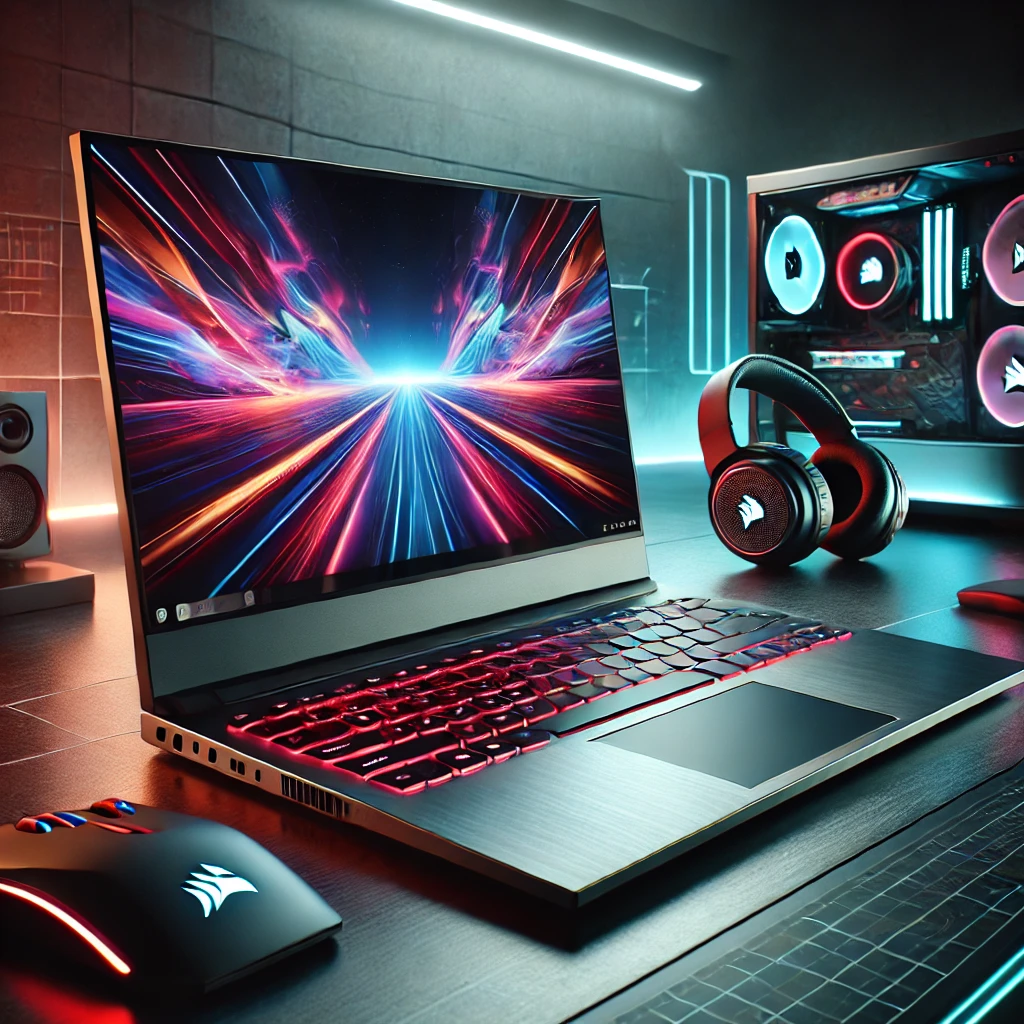 لپتاپهای CORSAIR 37 DALL·E 2024 12 14 08.13.53 A sleek and modern CORSAIR laptop on a futuristic desk setup. The laptop features a brushed aluminum body RGB keyboard lighting and a high resolutio 1